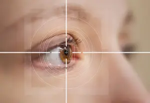 Close-up of a woman's eye with a crosshair overlay for a medical or scientific context