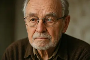 An elderly man with white hair, a white beard, and glasses, wearing a brown shirt, is looking to the left with a serious expression. He is likely posing for a photograph.