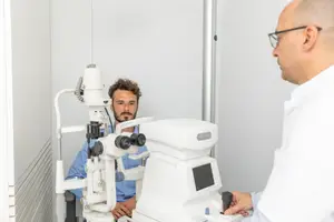 A man is sitting on a chair while a doctor is examining his eyes using an eye machine