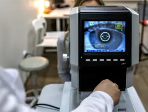 A person is using an ophthalmoscope to check the eyes of a patient in a medical room.