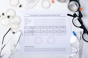 Prescription Corrected Eyewear Order Form with eyeglasses, tape dispenser, and other items on a white surface
