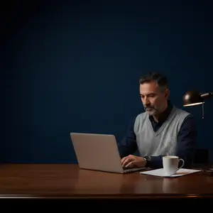 A man sitting at a desk, typing on a laptop, with a cup of coffee and a lamp beside him.