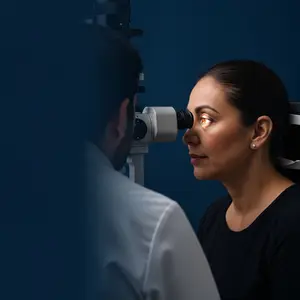 Ophthalmologist examining the eye of a woman at an eye clinic