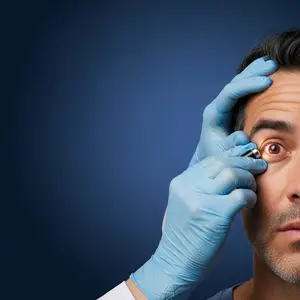 A close up of a man with a light on his eye as a doctor examines his eye