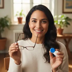 A woman in a white sweater is holding glasses and contact lenses in her hands.