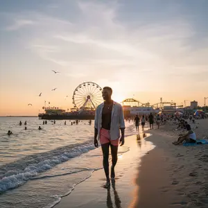 A man walking on the beach at sunset with a Ferris wheel in the background.