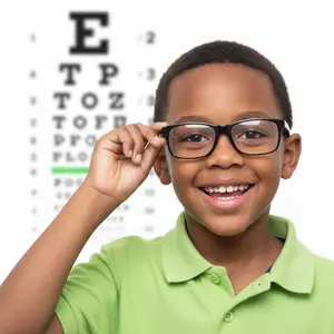 A young boy wearing glasses is smiling while standing in front of an eye chart.