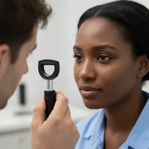 Man with ophthalmoscope examining woman's eye