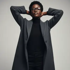 woman in glasses posing with hands on her head in a gray coat and black turtleneck