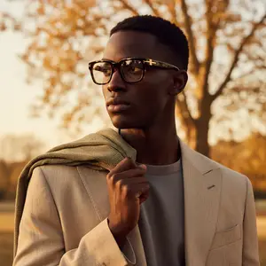 A man in a tan suit is adjusting his glasses in a park