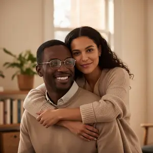 A smiling couple in a cozy living room, with the woman hugging the man from behind, both wearing warm sweaters and glasses, and a plant and books in the background