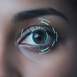 A close-up of a woman's eye with a green circle and a plus sign on the pupil