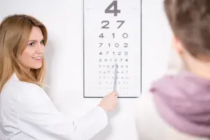 Woman doctor showing a patient an eye test chart on a wall