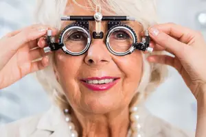 An elderly woman is adjusting her eyeglass with her hands while smiling and looking at the camera