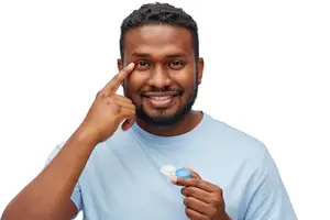 A smiling man with a blue shirt is pointing his finger on his eye while holding a blue colored contact lens.