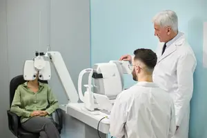 A woman is sitting in a chair in front of an optometrist examining her eye with a machine