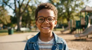 A smiling boy in glasses stands in a park near a playground