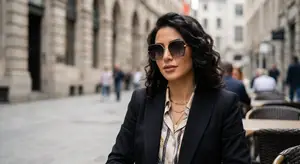 A woman with curly hair and sunglasses sitting on a chair outside of a cafe.