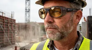 A man in safety glasses and a hard hat looks around a construction site.