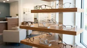 Eyewear on display inside a shop with a white couch and a counter in the background.