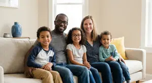 A family sitting on a couch smiling for a picture