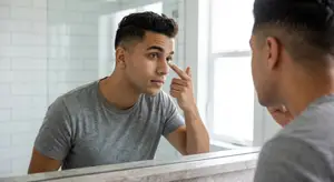 Man with a gray t-shirt looking in the mirror adjusting his eyeglasses while his friend watches him