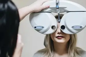 A woman with blonde hair is having her eye examined by another woman wearing a white coat and holding an eye examination machine
