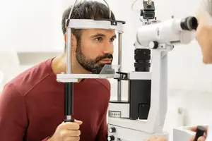 A man undergoing an eye examination with an optician