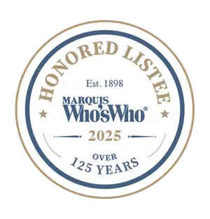 Honored Listee logo for Marquis Who's Who 2025, featuring a circular design with gold and blue borders, blue and white text, and two stars on the sides