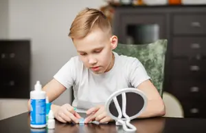 A young boy is sitting at a table, opening contact lens case