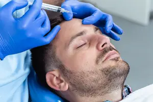 A man is receiving botox injections from a medical professional in a clinic.
