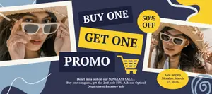 Sunglasses sale advertisement featuring a buy one get one free offer with a 50% discount, starting on Monday, March 25, 2024.