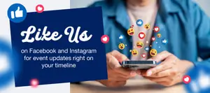 Image of a man holding a smartphone with the text 'Like Us on Facebook and Instagram for event updates right on your timeline' and various emojis and icons surrounding the phone.