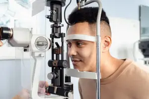 Man getting his eyes examined by a doctor in a clinic