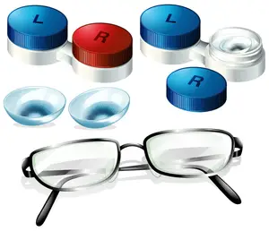 A collection of glasses, lenses, and containers for lens care is shown on a white background.