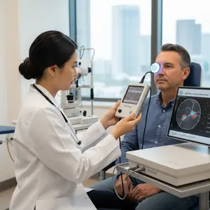 An eye doctor is examining a patient's eye using a handheld device in a clinic with a view of the city outside.