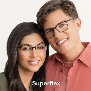 A man and woman wearing glasses smiling for a photo with the word Superflex in the bottom right corner