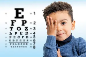 A young boy with curly hair wearing a blue sweater is covering his eyes with his hand while looking at an eye chart with various letters and numbers.