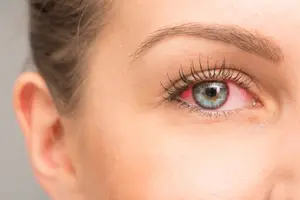 Close up of a woman's eye showing redness and irritation