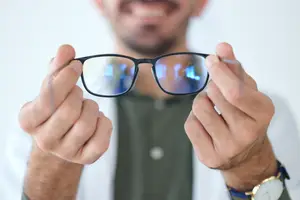 A person holding glasses with a smile on their face
