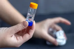 A person holding a small vial with a yellow cap and blue liquid inside, while another hand is blurry in the background.