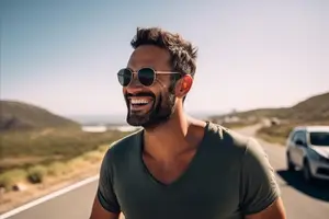 A man wearing sunglasses and a green t-shirt is smiling and posing for a photo on a road with mountains and a car in the background.