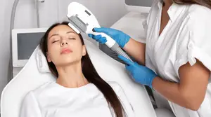 A woman is receiving a laser treatment for her face in a salon.