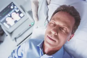 A man lying on a hospital bed, receiving treatment on his face with a device.