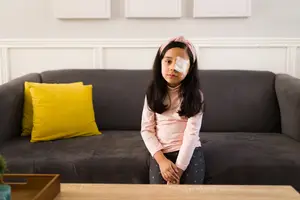 a young girl sitting on a couch with an eye patch wearing a pink headband