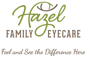 Hazel Family Eyecare logo with the text 'Feel and See the Difference Here' on a black background