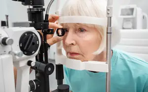 An elderly woman is having her eye examined in an optometrist's office.