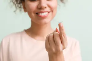 A woman is holding a contact lens in her hand while smiling and looking at the camera.