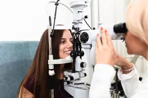 A woman wearing a white coat checks the eye of a patient in a medical setting.