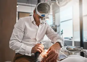 An older man wearing a white shirt and a mask is examining the eye of another man sitting in a chair in a dental clinic.